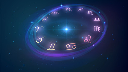 Wall Mural - wheel with twelve signs of the zodiac in night sky, astrology, esotericism, prediction of the future
