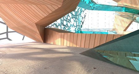  Abstract  concrete and wood interior  with window. 3D illustration and rendering.