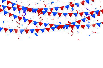 Fourth of July Independence Day. Colorful bunting flags with Confetti and ribbons. Vector illustration