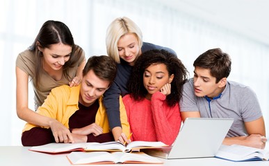 Sticker - Young students studying on background