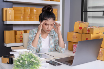 Sticker - stressed entrepreneur woman and courier parcel box at home office