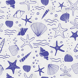 Fototapeta Łazienka - Sea shells, seastars and corals seamless background