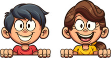 Happy Cartoon Boy And Girl Peeking Out. Vector Clip Art Illustration With Simple Gradients. Each On A Separate Layer. 