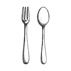 Sticker - small cutlery fork and spoon sketch. isolated drawing vector object