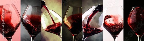 Fototapeta na wymiar Red wine, alcohol collection in glasses. Wine tasting. Drink background. Close-up, Photo collage