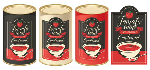 Wall Mural - Vector illustration of label for condensed tomato soup with handwritten inscriptions and three tin cans of different colors with this label