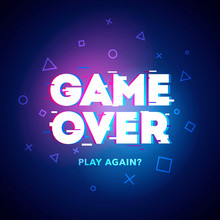 Vector Illustration Word Game Over - Play Again In Cyber Noise Glitch Design. For Games, Banner, Web Pages. Three Color Half-shifted Letters Effect.