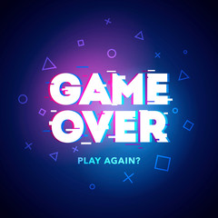vector illustration word game over - play again in cyber noise glitch design. for games, banner, web