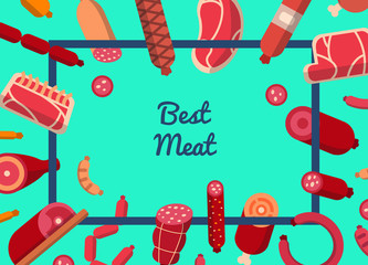 Wall Mural - Web banner website vector flat meat and sausages icons background with place for text illustration