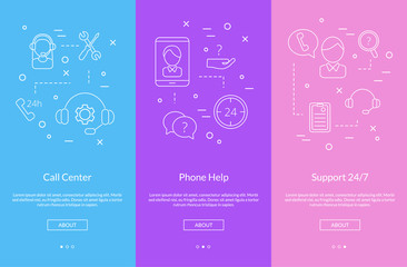 Canvas Print - Vector line call support center icons smartphone slideshow template illustration