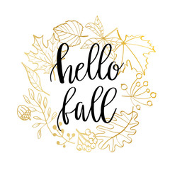 Wall Mural - Hand drawn vector illustration. Wreath with Fall leaves. Forest design elements. Hello Autumn