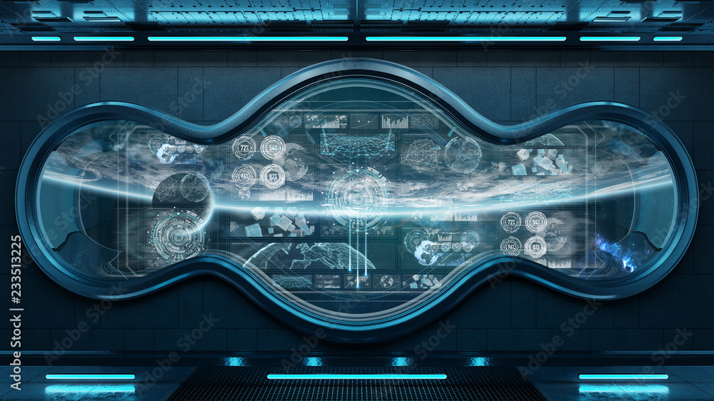 Dark spaceship interior with control panel digital screens 3D rendering ...
