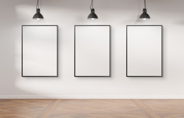 Wall Mural - Three frames hanging on a wall mockup 3d rendering