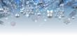Christmas and New Year shiny banner with silver Christmas balls and snowflakes.