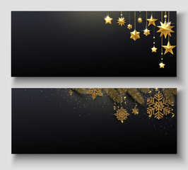 Wall Mural - Set of black festive banners with golden shiny stars and snowflakes.