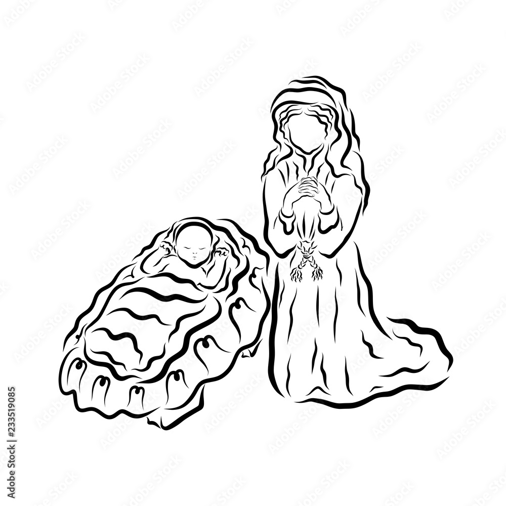 Cute baby Jesus in the manger and praying Virgin Mary, black contour Stock  Illustration | Adobe Stock, image size:1000x1000