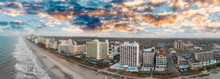 Aerial Panoramic View Of Myrtle Beach Skyline And Coastlline At Sunset, South Carolina