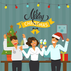 Wall Mural - A Christmas party in the office. Decorated office workplace. Office team having a holiday with music and dance. Table with computer, gifts,  christmas tree. Flat style vector illustration.