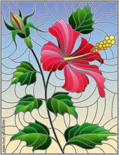 Dekoracja na wymiar  ilustracja-w-stylu-witrazu-z-kwiatami-pakami-i-liscmi-rozowego-hibiskusa-na-niebie-b