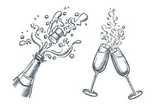 Explosion Champagne Bottle And Two Glasses With Splash Drinks. Sketch Vector Illustration. Holiday Design Elements