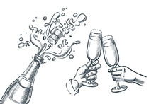 Explosion Champagne Bottle And Two Hands With Drinking Glasses. Sketch Vector Illustration.