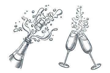 Wall Mural - Explosion champagne bottle and two glasses with splash drinks. Sketch vector illustration. Holiday design elements