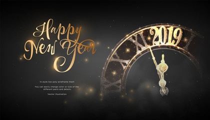 Wall Mural - Happy New Year 2019. lock in style Low poly wireframe art on blackbackground. Concept for holiday or magic or miracle. Effect Starry sky. Polygonal illustration with connected dots and lines.Vector