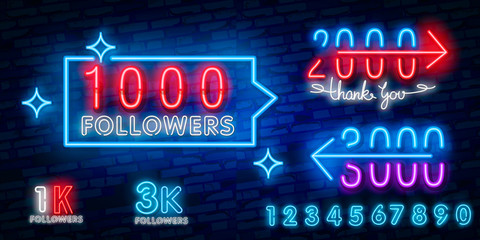 Canvas Print - 1k, 1000 followers neon sign on the wall. Realistic neon sign with number of followers on the ribbon with stars. Vector illustration for celebrating a large number of subscribers in social network