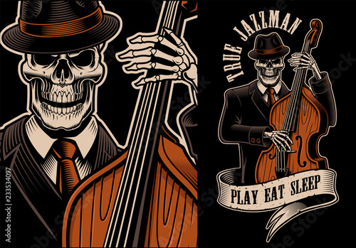 Fotografie, Tablou Vector illustration of skeleton with double bass
