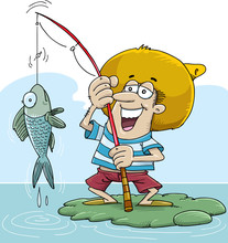 Happy Fisherman Character Hold Big Fish
