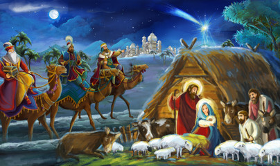 religious illustration three kings - and holy family - traditional scene - illustration for children