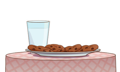 Glass of milk and cookies in a white plate on table with a checkered tablecloth