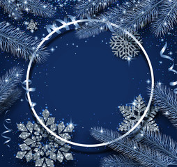 Wall Mural - Blue Christmas and New Year round shiny card with snowflakes and fir branches.