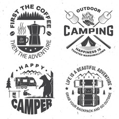 Wall Mural - Happy camper. Vector. Concept for shirt or logo, print, stamp. Vintage design with lantern, camping tent, campfire, coffee maker, sweet marshmallows on stick, mountain and forest silhouette.