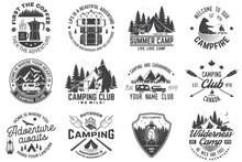 Summer Camp. Vector. Concept For Shirt Or Patch, Print, Stamp. Vintage Typography Design With Rv Trailer, Camping Tent, Campfire, Bear, Coffee Maker, Pocket Knife And Forest Silhouette.