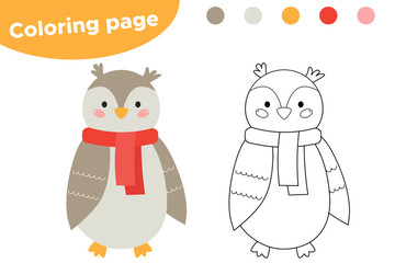 Coloring page for kids. Cute cartoon owl. Woodland animals. Owl to wear a scarf. Vector illustration