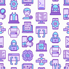 Wall Mural - programming seamless pattern with thin line icons: developer, code, algorithm, technical support, pr