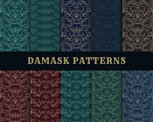 Damask Vector Seamless Pattern Collection. Vintage Style Wallpaper, Carpet Or Wrapping Paper Design. Italian Medieval Floral Flourishes, Green Greek Flowers For Textures. Baroque Leaves