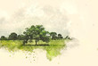 Abstract tree and field landscape on watercolor illustration painting background.