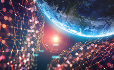 Fototapete - Planet Earth in the era of digital technology. Global communication networks of future. Data storage system. 3D illustration of Artificial Intelligence. Elements of this image are furnished by NASA