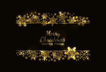 Wall Mural - Gold glitter snowflake frame, decoration on black background, Christmas design for invitation card or postcard. Vector illustration, merry xmas snow flake framework