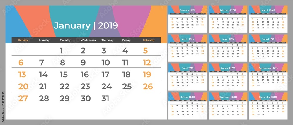 2019 new year calendar in clean minimal table simple style. Eps 10 ...