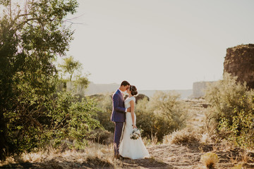 Wall Mural - Beautiful Couple on their Wedding day in front of landscape