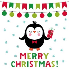 Wall Mural - Christmas greeting card with a cute cartoon penguin 