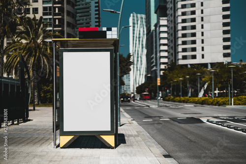 Empty Billboard Placeholder Template On The Bus Stop With The Road