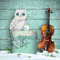 Wall Mural - Christmas theme with violin and white owl