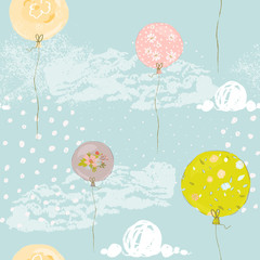  Cute hand drawn baby balloons with flowers and clouds. Beautiful sky seamless pattern