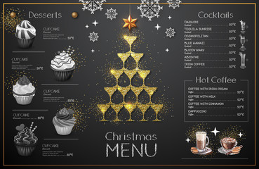 Wall Mural - Christmas menu design with golden champagne glasses. Restaurant menu. Pyramid of champagne glasses