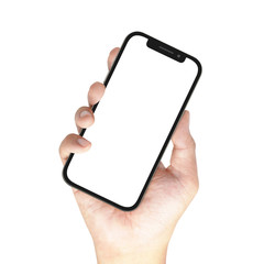 Wall Mural - hand holding black smartphone with blank screen, isolated on whi