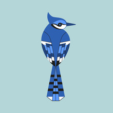 Cute Blue Jay bird icon. Sitting animal sign. Minimal flat geometric style winter birds of woodland, backyard. Birdwatching element design idea. Scavenging card background. Vector illustration